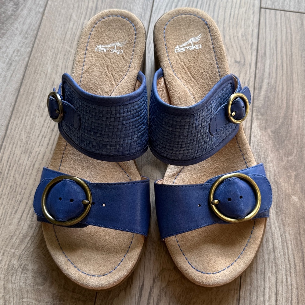 Dansko Blue Leather Buckle Slide Sandals - Picture 2 of 9